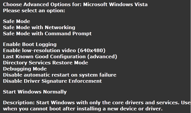 Windows Vista Safe Mode Not Loading