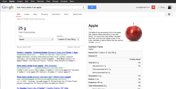 Google nutrition information screenshot