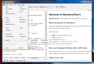 MarkdownPad file and export menus