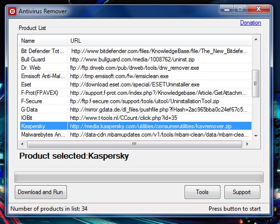Antivirus Remover tool selected