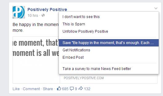 Bookmark a post on Facebook