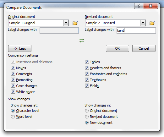 Compare documents in MS Word 2007