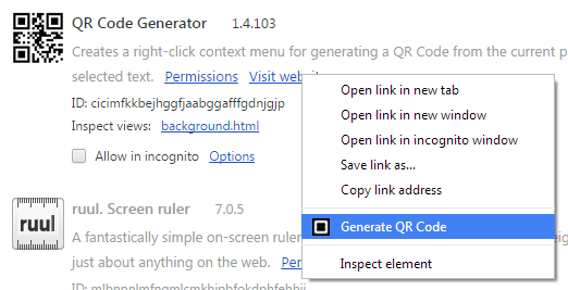 create QR code from right-click menu Chrome