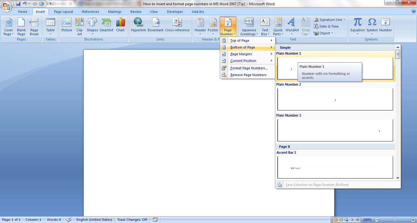 how do i format page numbers in word 2007