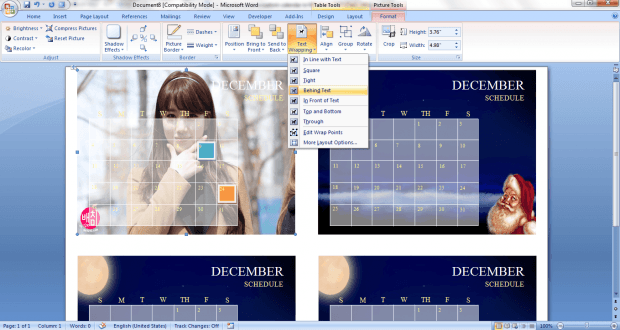 create custom calendar in MS Word 2007 d