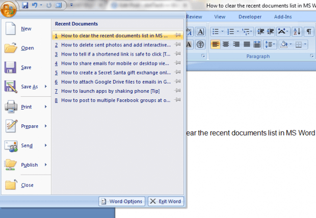 how to clear recent documents list in MS Word 2007