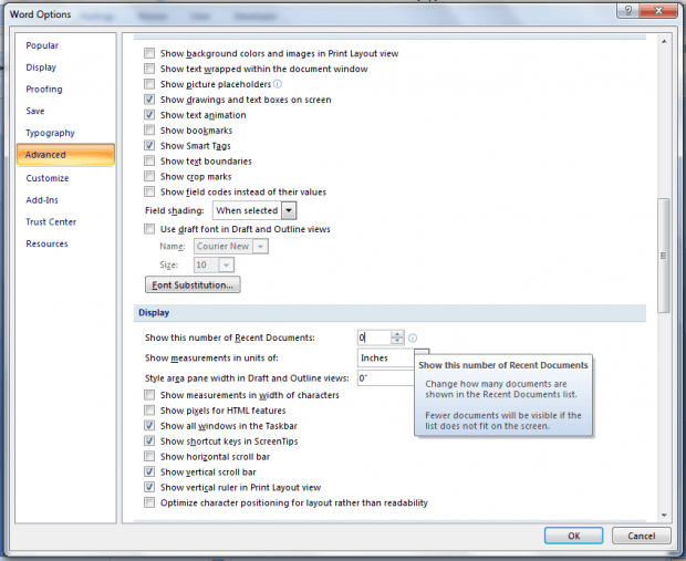 how to clear recent documents list in MS Word 2007 b