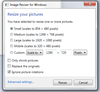 resize pictures in Windows b