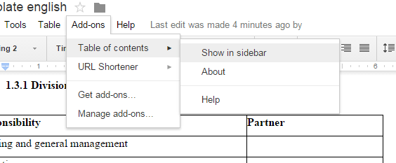 table of contents in Google Docs b