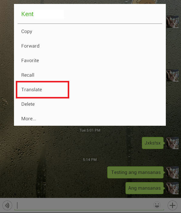 translate option in WeChat