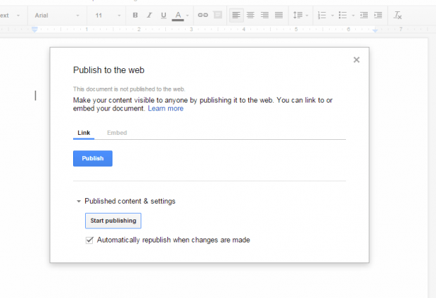 publish unpublish Google Docs document b