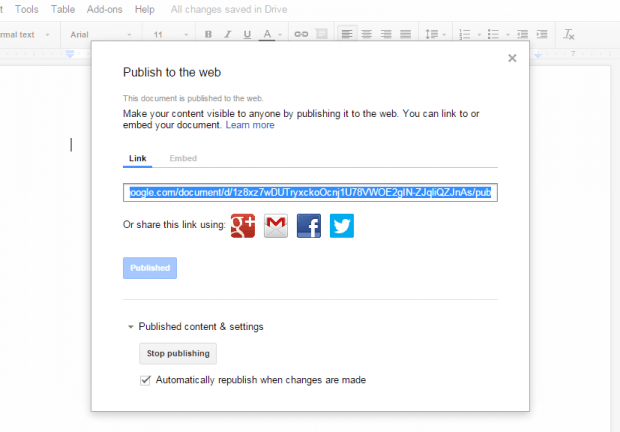 publish unpublish Google Docs document c