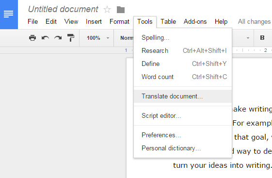 translate document in Google Docs