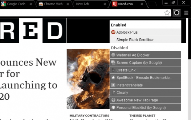 disable enable extensions from toolbar Chrome