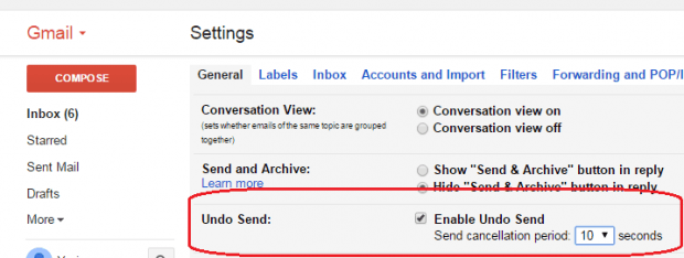 enable undo send option Gmail b