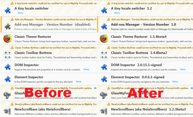 restore versions in Firefox Add-ons Manager