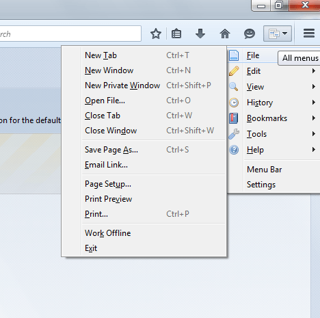 show Menu Bar options in toolbar Firefox c