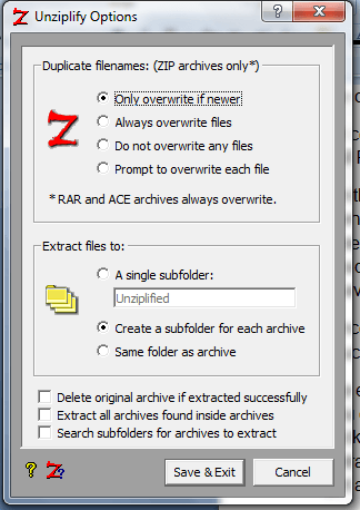 Unziplify Windows Options