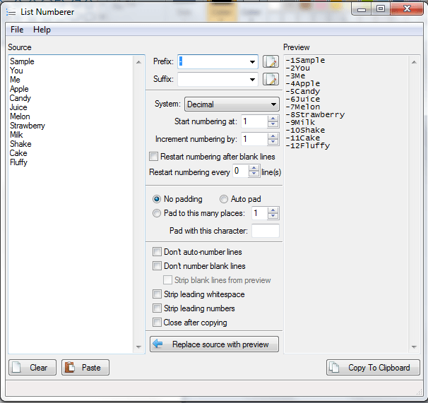 add numbers to text lists with prefix Windows