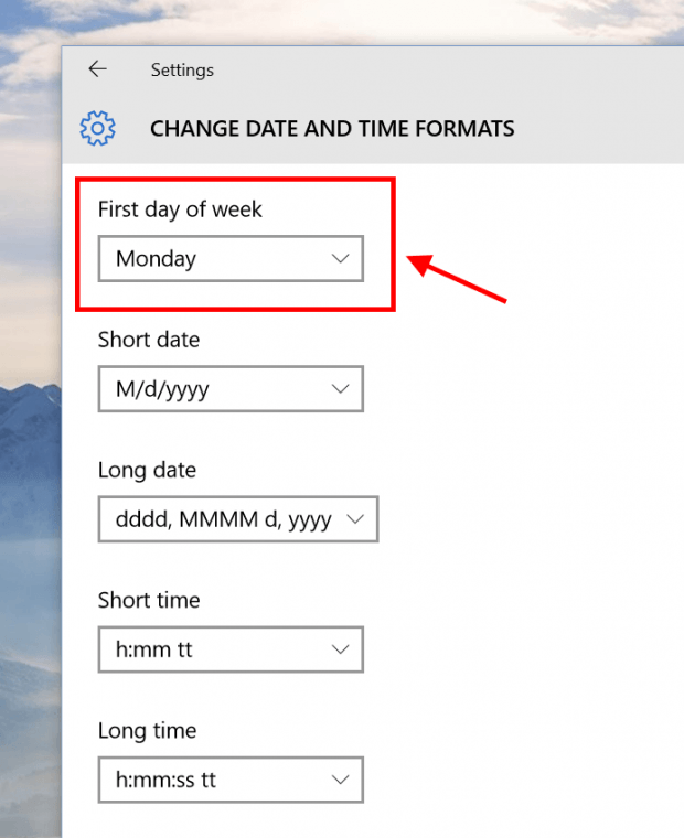 How to change First day of Week in Outlook Calendar and Windows 10