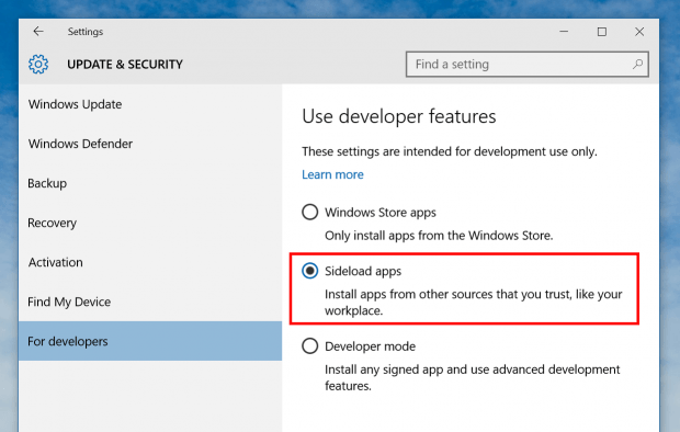 Как включить sideloading windows 10