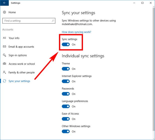 change backup and sync settings on pc